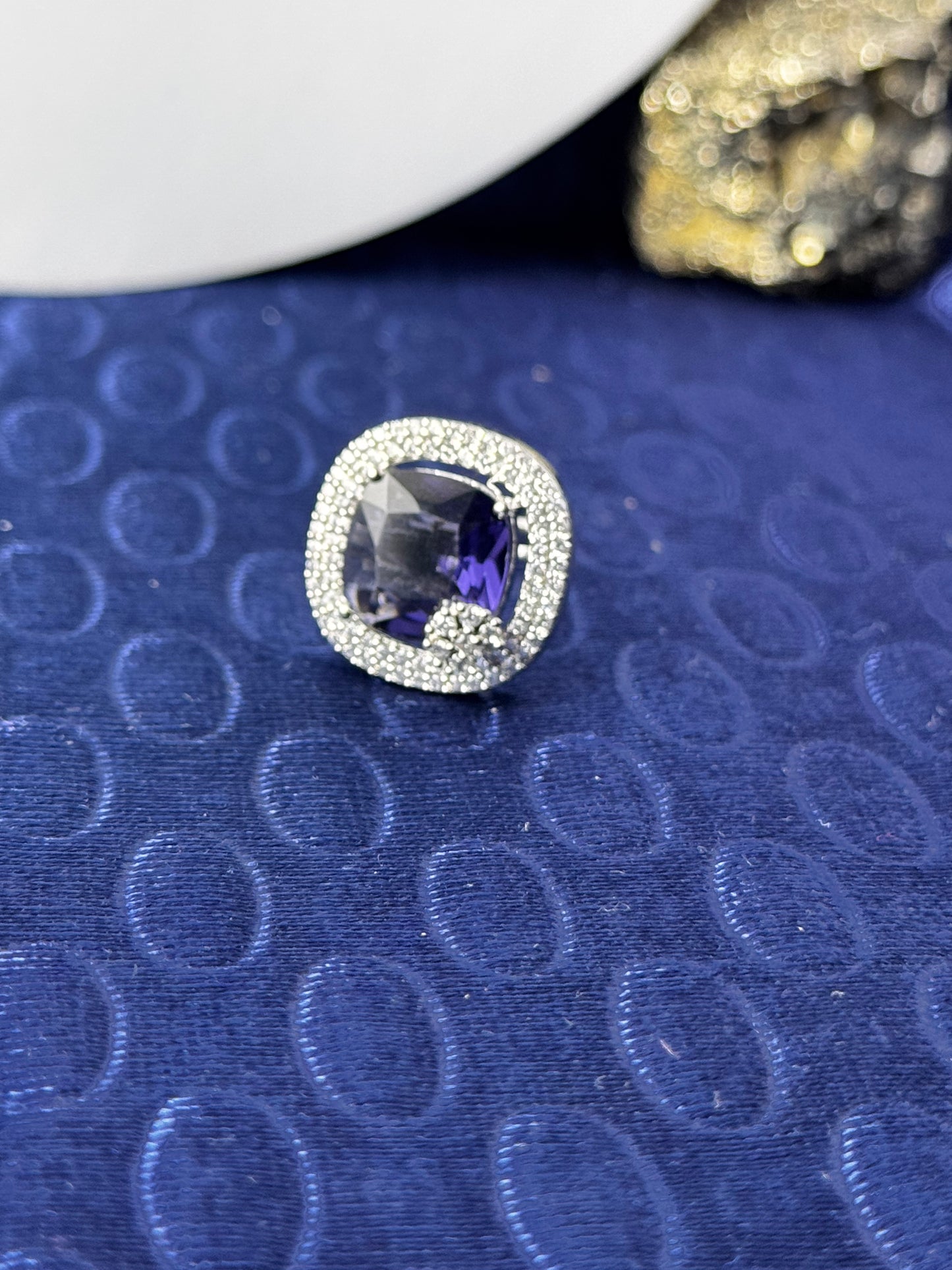 Blue Sapphire Silver Platted Ring with Beautifully Decorated by American Diamond
