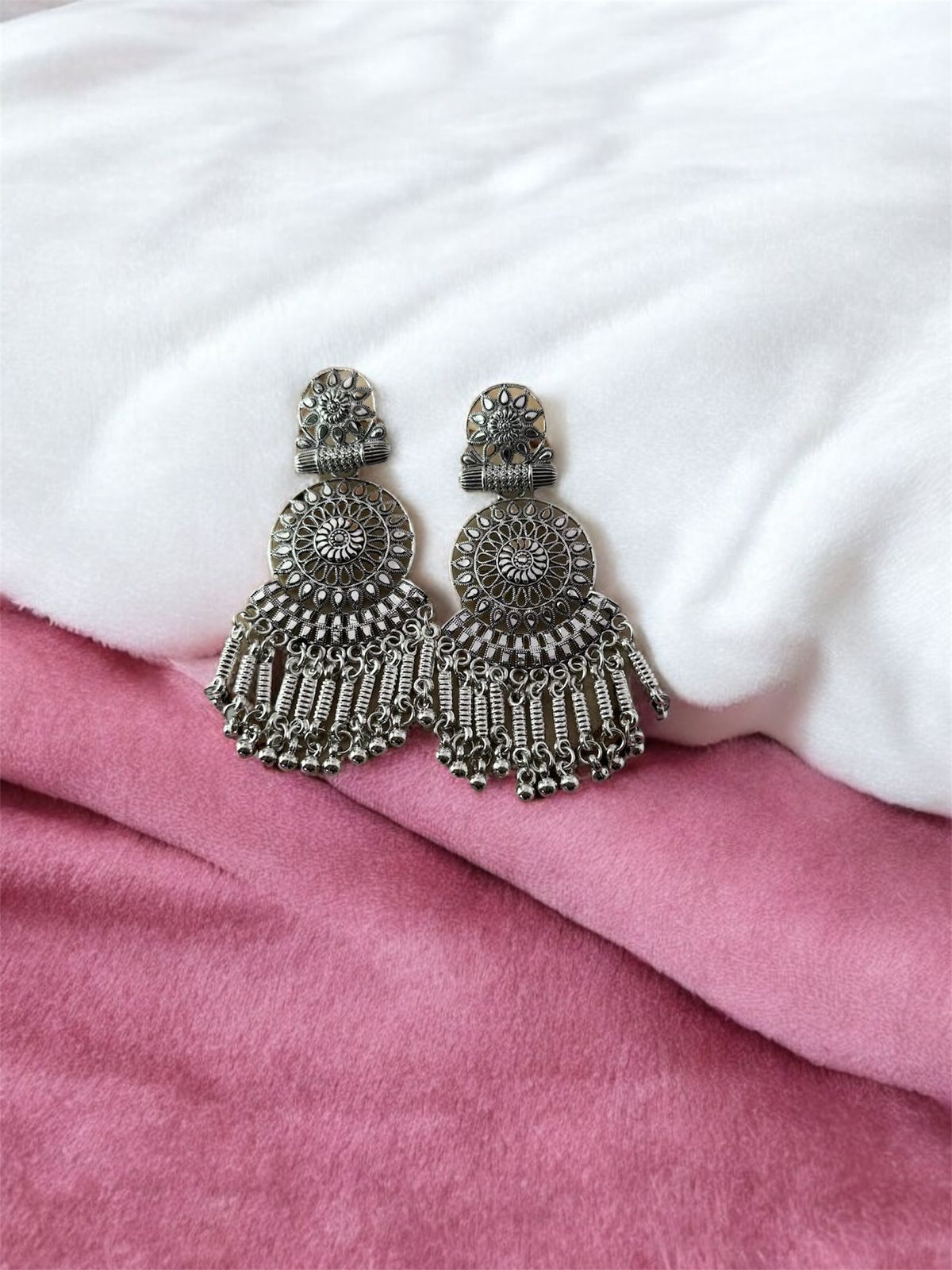 vrindaluxe Oxidised Jhumka Earrings for Women Silver Toned
