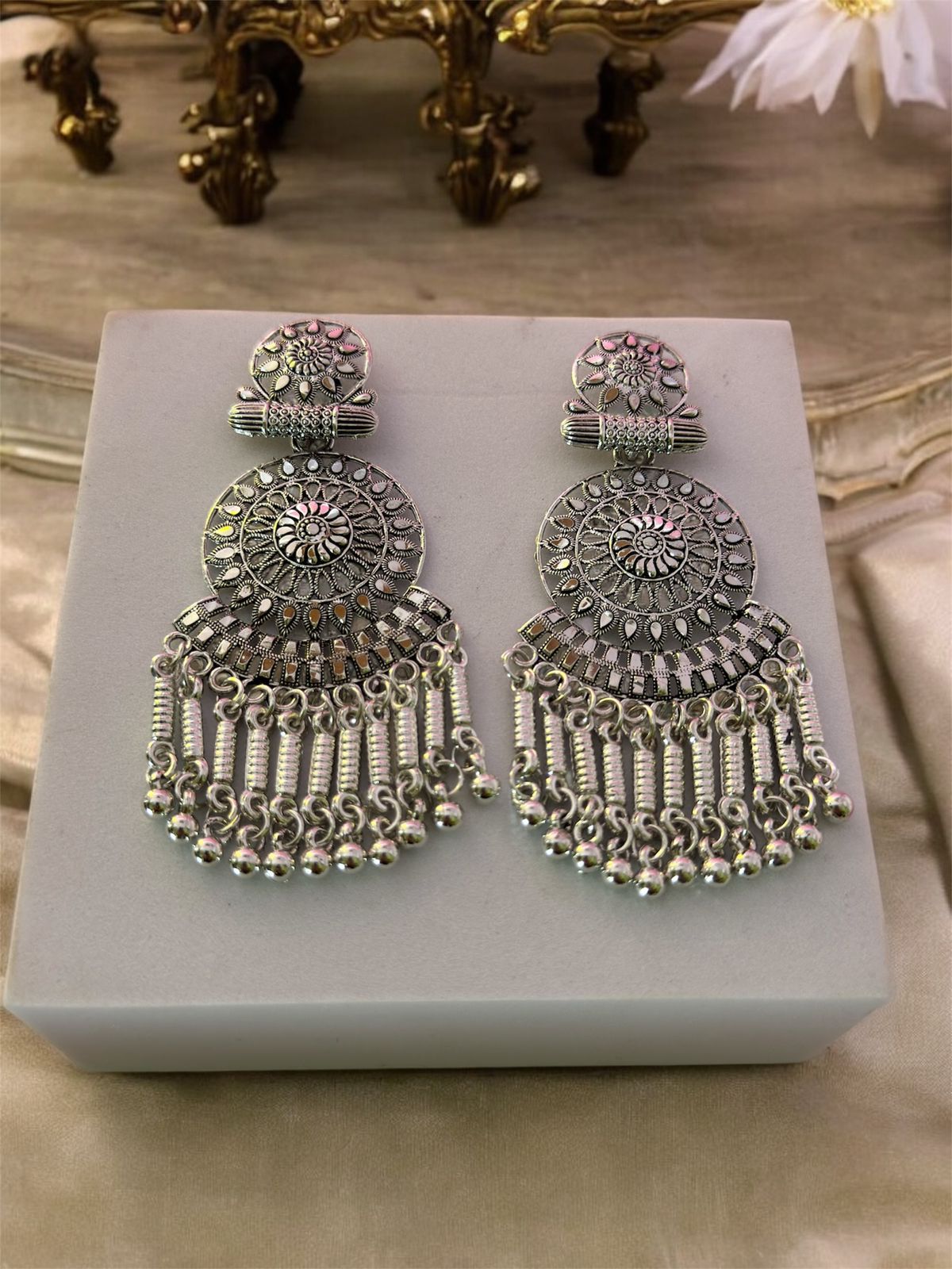 vrindaluxe Oxidised Jhumka Earrings for Women Silver Toned