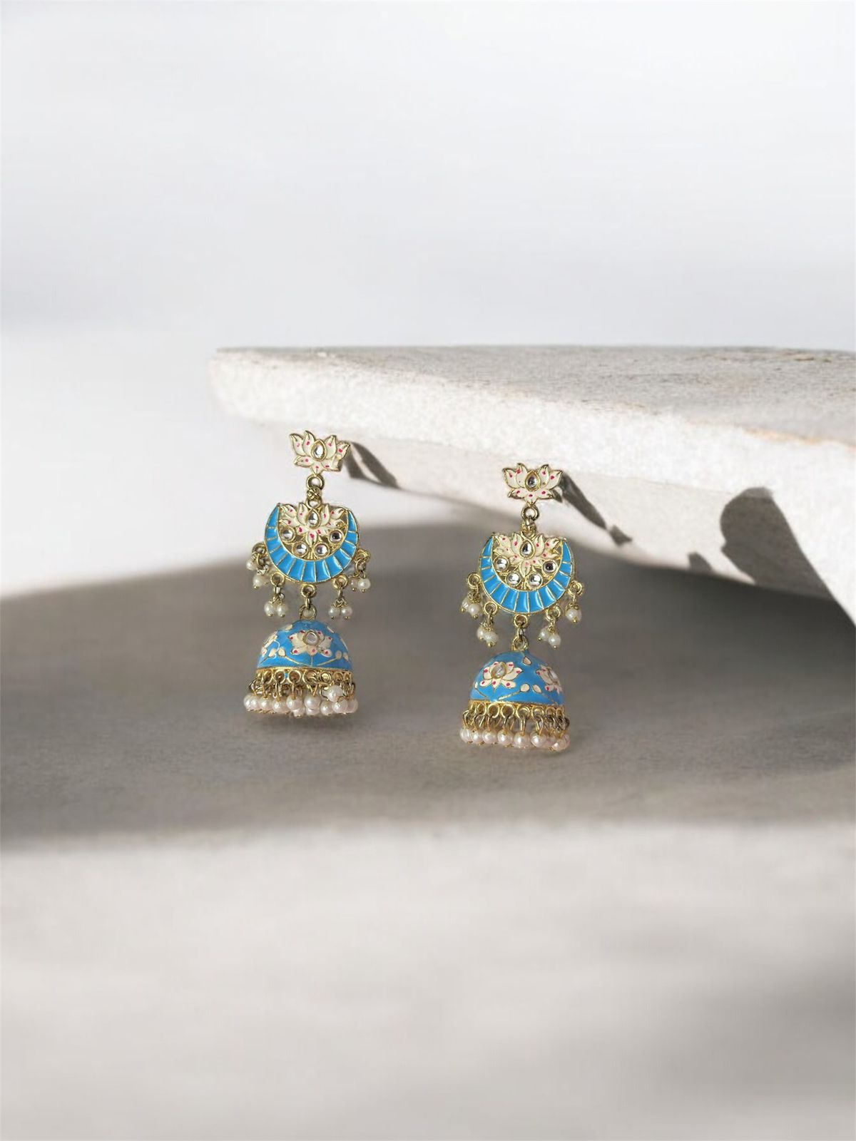 Blue Lotus Chandbali Jhumki Earrings | Traditional-Jhumka Indian Meenakari