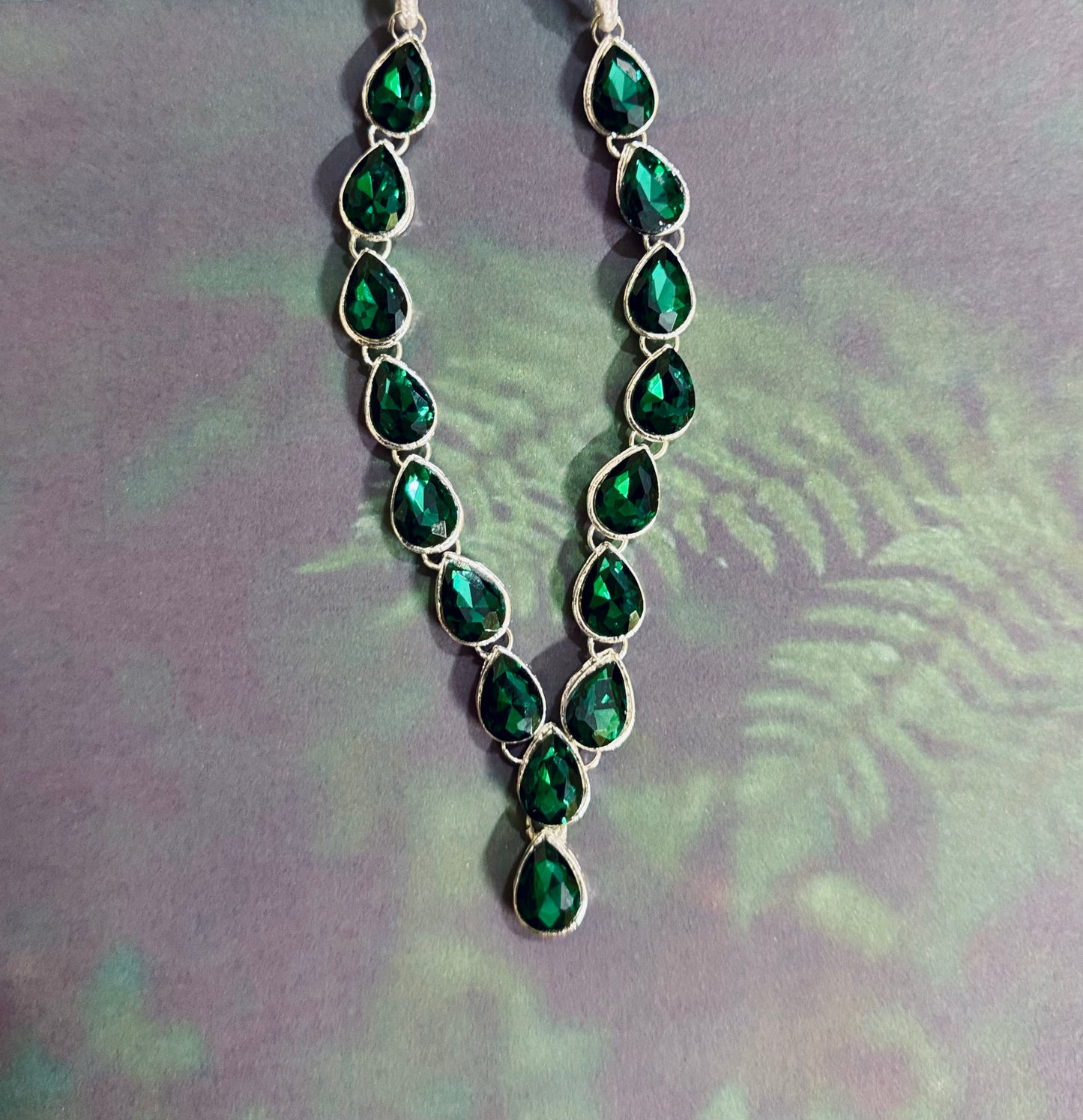 Rhodium Plated Emerald Green Zirconia Statement Jewellery Set with Emerald Maang Tikka