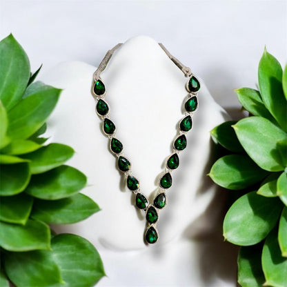 Rhodium Plated Emerald Green Zirconia Statement Jewellery Set with Emerald Maang Tikka