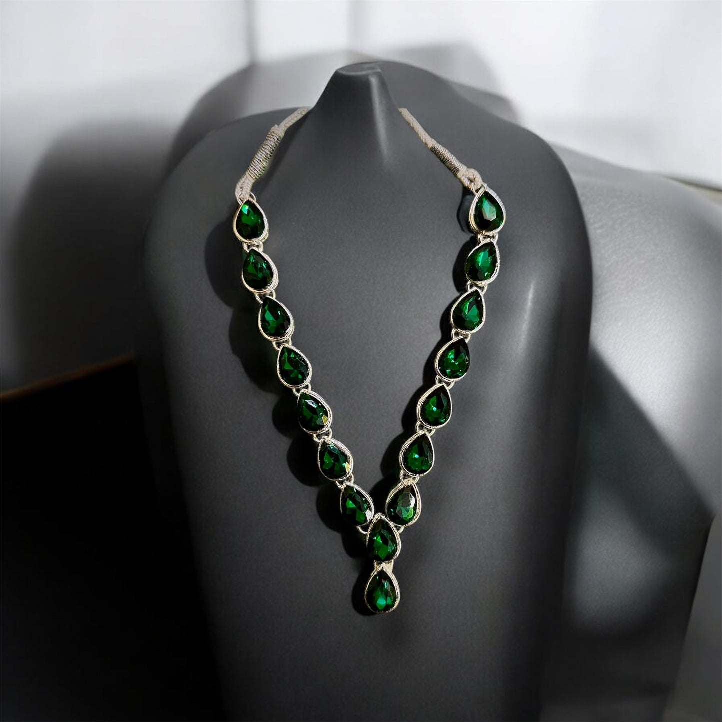 Rhodium Plated Emerald Green Zirconia Statement Jewellery Set with Emerald Maang Tikka