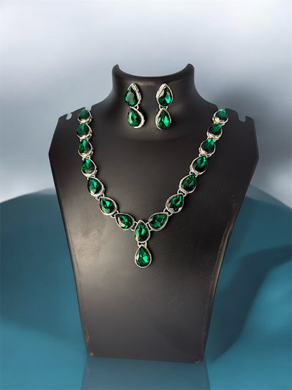 Rhodium Plated Emerald Green Zirconia Statement Jewellery Set with Emerald Maang Tikka