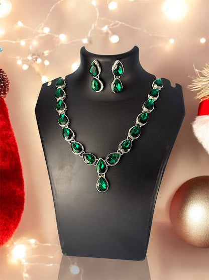 Rhodium Plated Emerald Green Zirconia Statement Jewellery Set with Emerald Maang Tikka