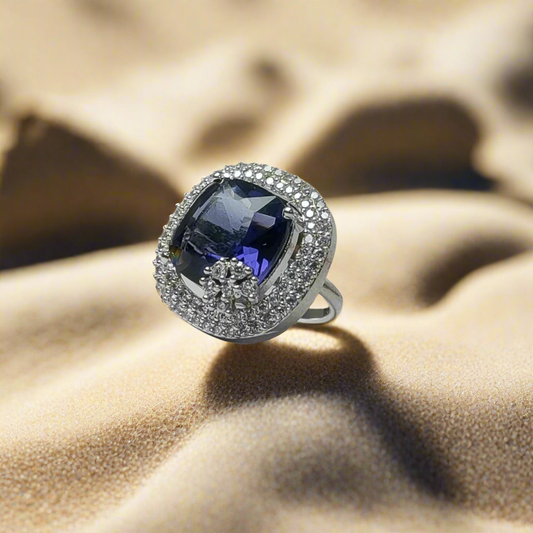 Blue Sapphire Silver Platted Ring with Beautifully Decorated by American Diamond