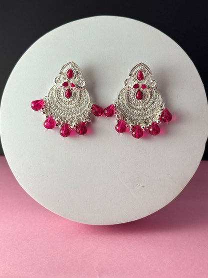 Vrindaluxe Rhodium Plated Pink Contemporary Chandbalis Earrings for Women