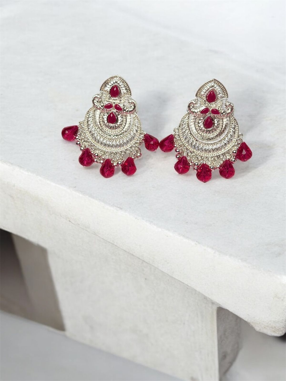 Vrindaluxe Rhodium Plated Pink Contemporary Chandbalis Earrings for Women