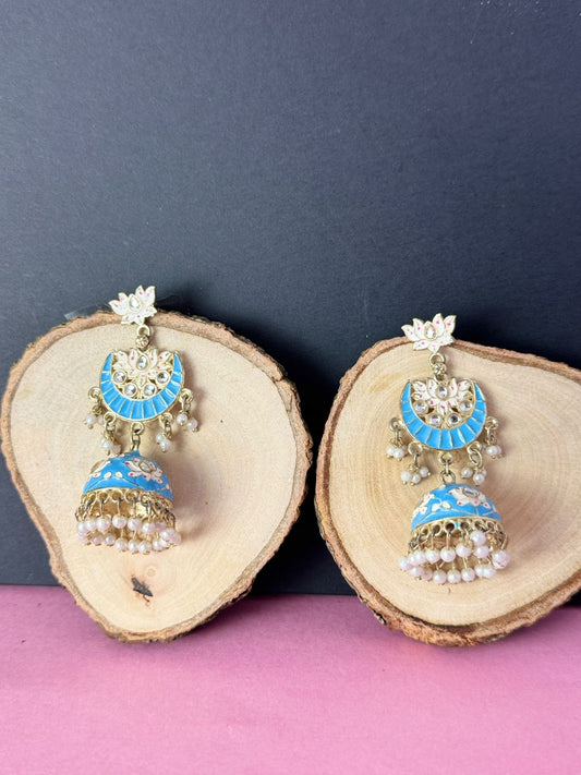 Blue Lotus Chandbali Jhumki Earrings | Traditional-Jhumka Indian Meenakari