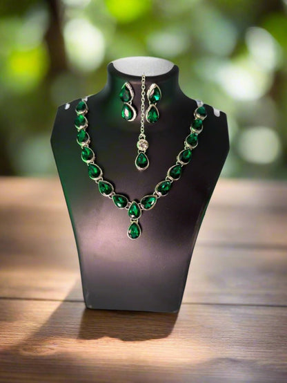 Rhodium Plated Emerald Green Zirconia Statement Jewellery Set with Emerald Maang Tikka