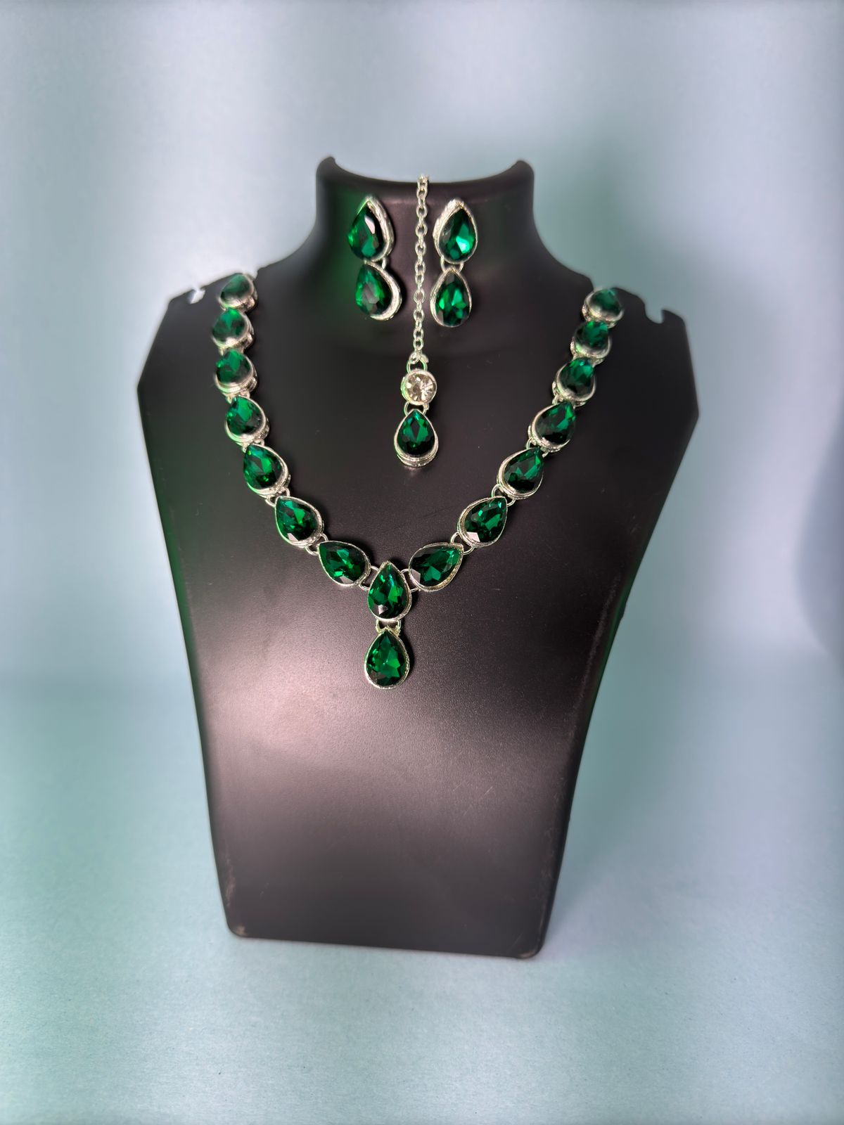 Rhodium Plated Emerald Green Zirconia Statement Jewellery Set with Emerald Maang Tikka