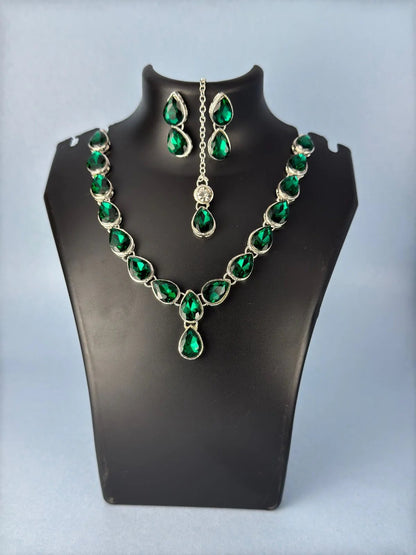 Rhodium Plated Emerald Green Zirconia Statement Jewellery Set with Emerald Maang Tikka